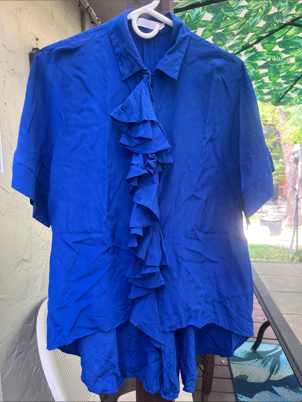 Anne Fontaine Silk Elegant Molene Ruffle Button-Down Blouse Royal Blue, 21” p2p